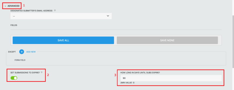 image of the record submission action settings with the advanced settings expanded. Under advanced, the set submissions to expire and expiration duration settings are highlighted