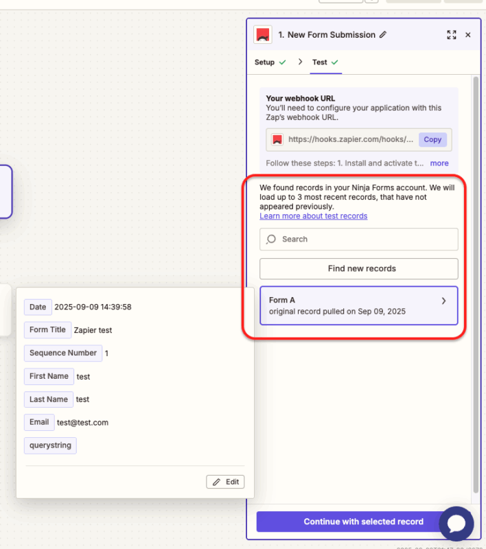 confirmation of test submission in Zap for Ninja Forms trigger