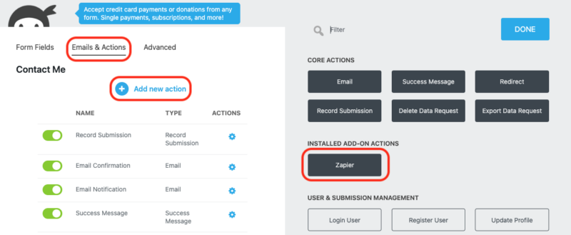 image of the Emails and Actions tab of the form builder with Add New action and the zapier action highlighted within the actions window
