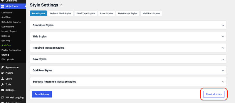 Styles settings page with reset all styles button highlighted