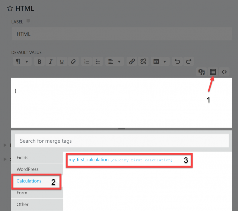 image of an HTML field's settings window open to show the Calculation display option within it