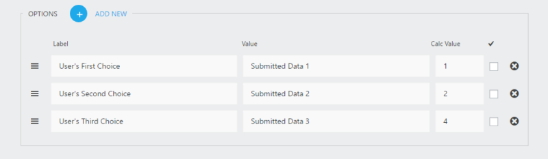 image of a select field where each select field option is comprised of a label, value, and calc value