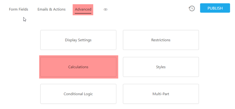 image of the Ninja Forms builder with the Advanced tab selected and the Calculations settings highlighted