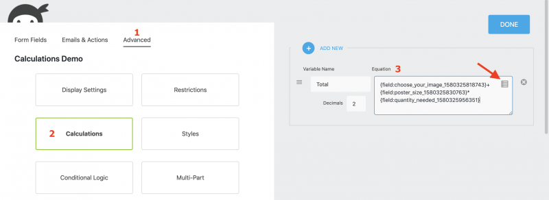 ninja forms calculations getting the total of three fields via additoion and multiplication of field values using those field's merge tag