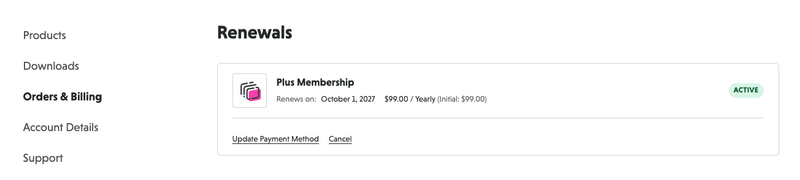 Orders and Billing tab with active subscription and the option to update payment method