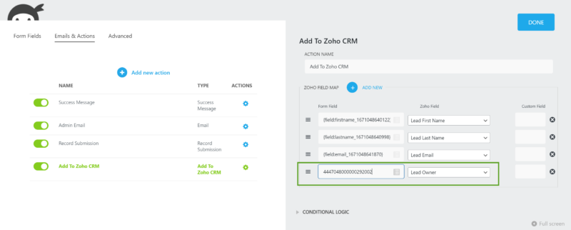Use Zoho User ID in the Zoho Action