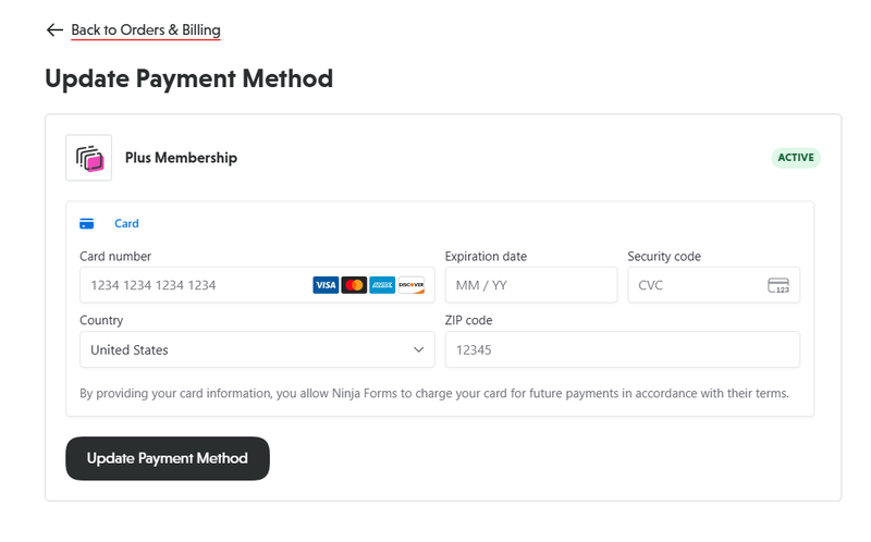 update payment method - showing card number, expiration date, security code, country, and zip code data entry points