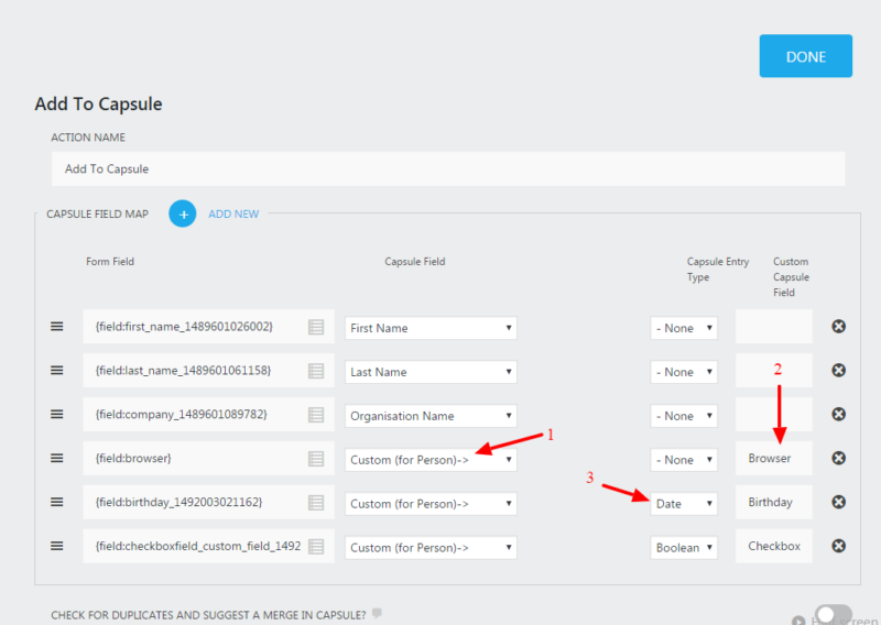 Capsule CRM mapping inside Ninja Forms form builder