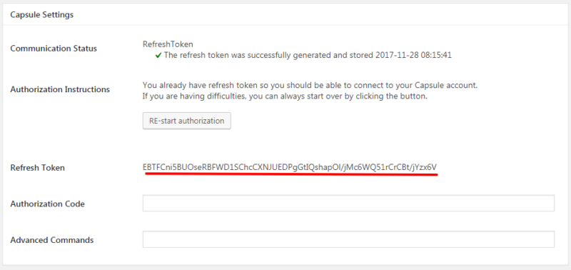 Capsule CRM refresh token saved