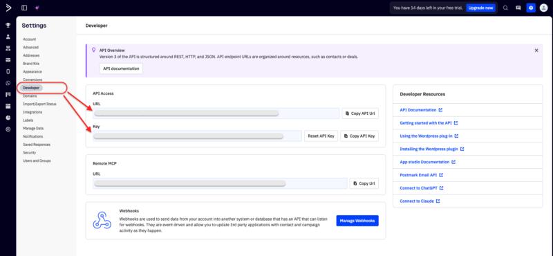 ActiveCampaign developer settings