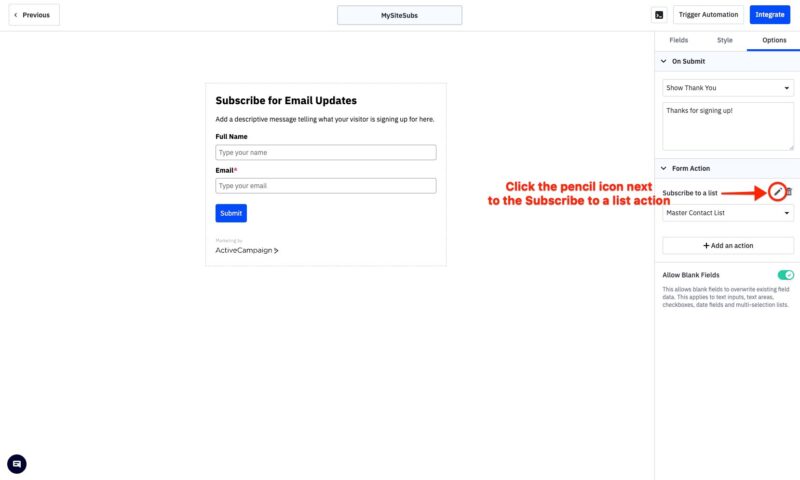 ActiveCampaign new form options