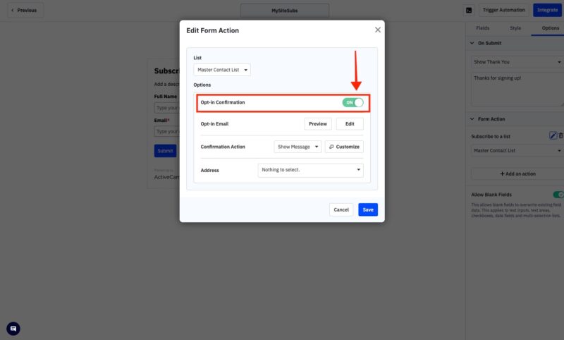 ActiveCampaign opt in confirmation