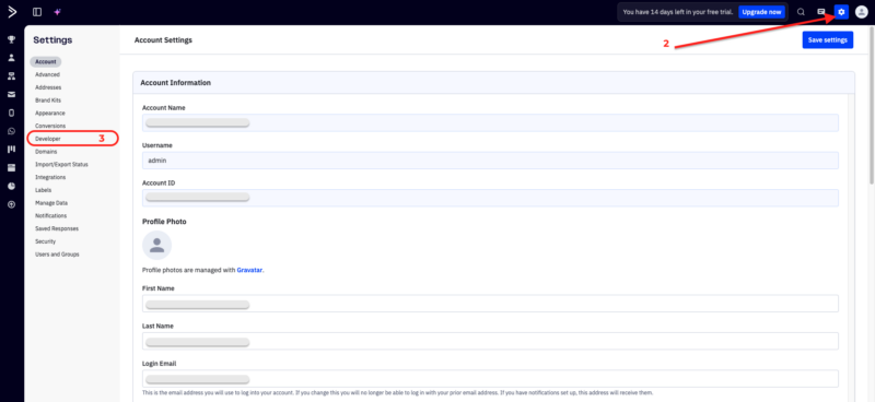 ActiveCampaign settings page