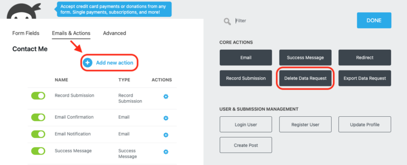 image of the Emails and Actions tab of the form builder with Add New action and the Delete Data Request action highlighted within the actions window