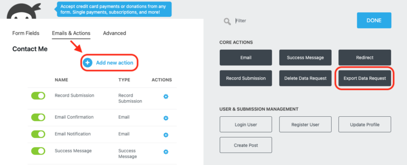 image of the Emails and Actions tab of the form builder with Add New action and the Export Data Request action highlighted within the actions window