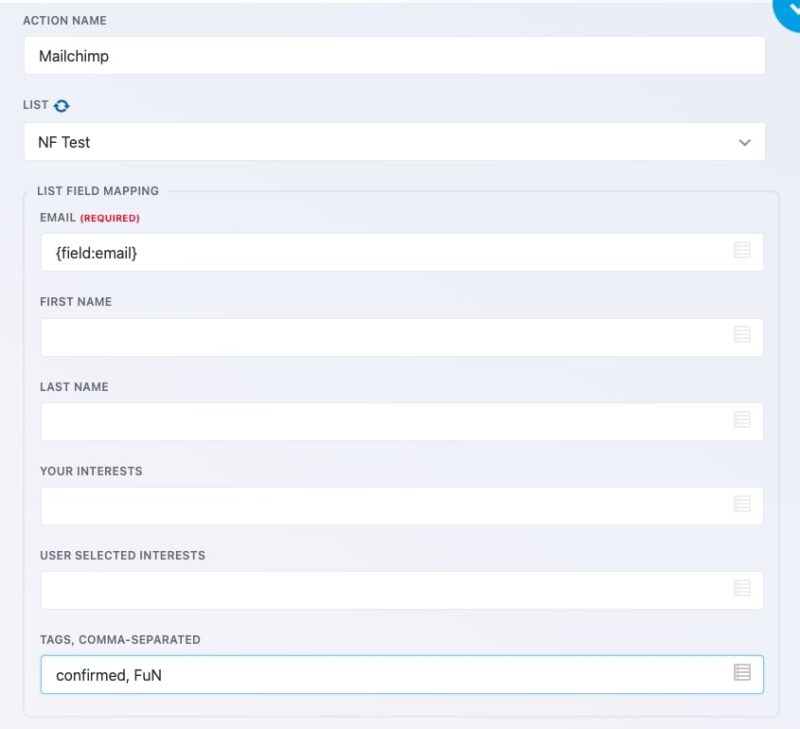 Ninja Forms Mailchimp action settings showing comma-separated tags entry field