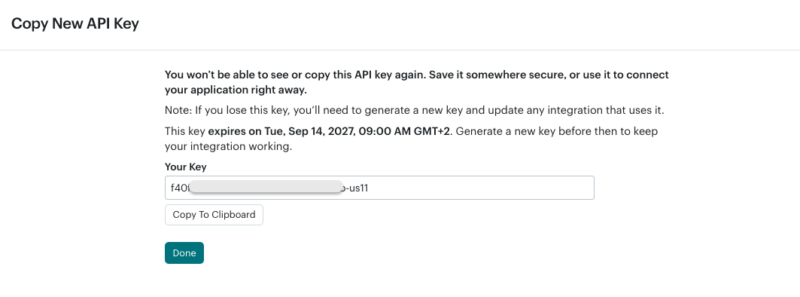 copy mailchimp key and note the expiration date