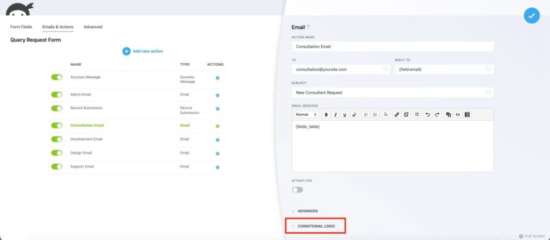 Sending a conditional email - action settings