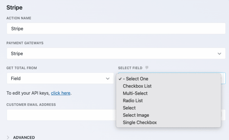 Stripe Get Total From Field setting