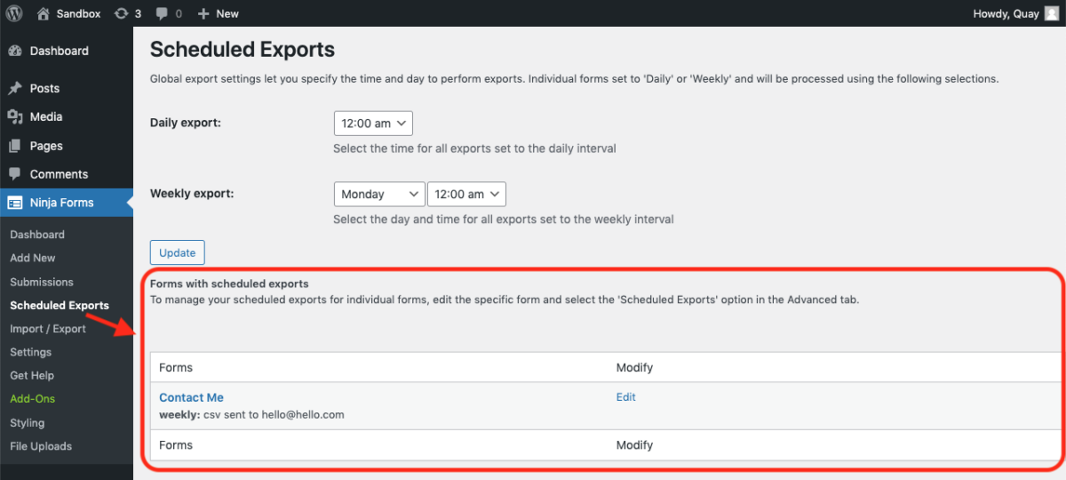 Setting Up A Scheduled Submissions Export With Ninja Forms