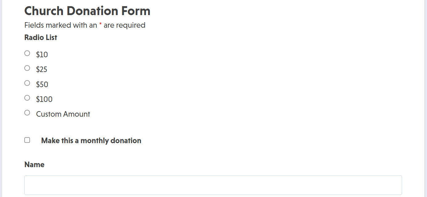 Church donation form template displaying payment options and custom donation amount field