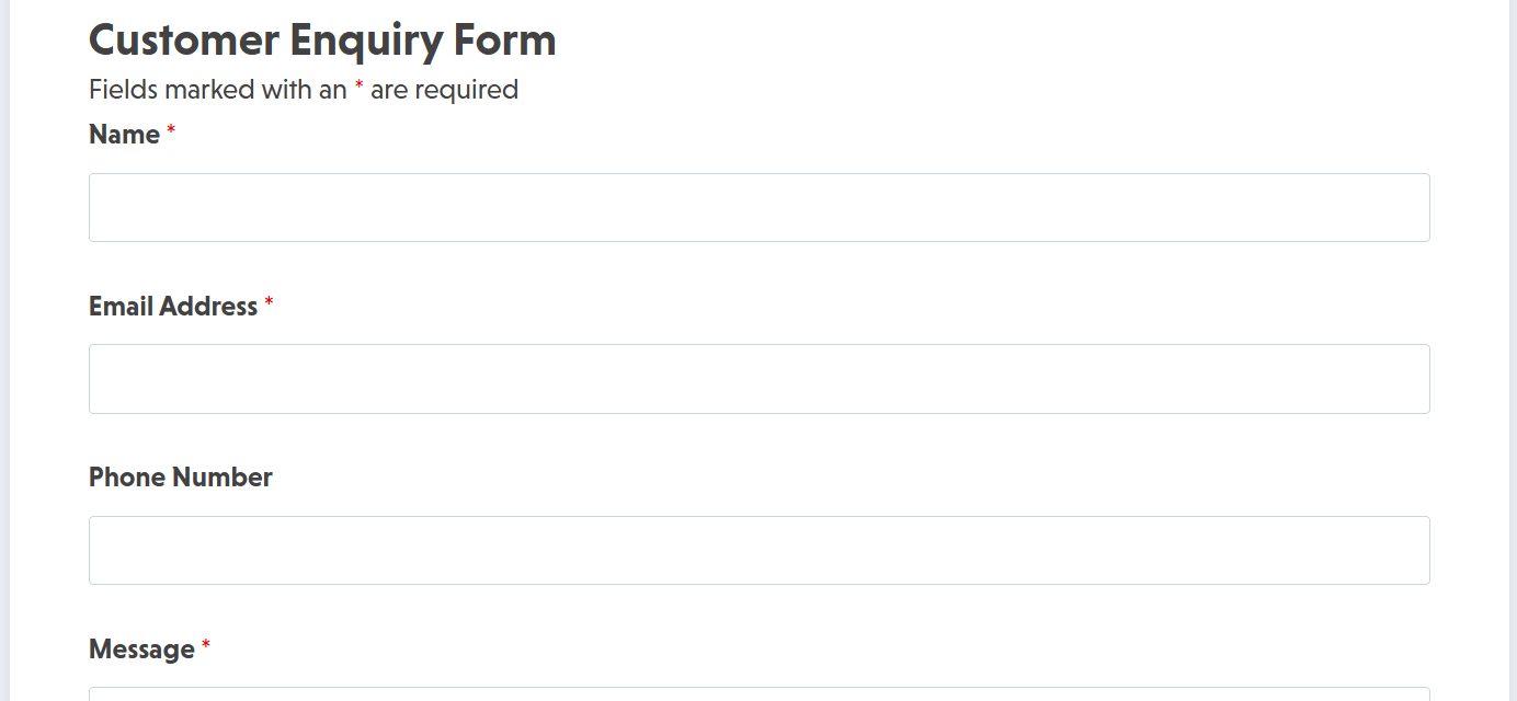 Customer enquiry form template displaying contact fields and service selection dropdown