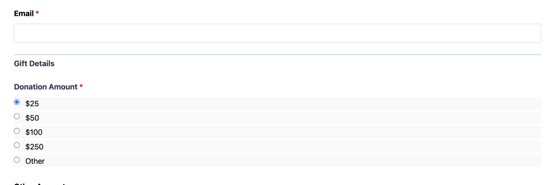 Donation form template showing gift amount selection, donor fields, and PayPal Checkout button
