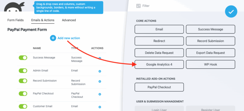 image of the Google Analytics 4 action available in the actions window after clicking Add New Action on the Emails and Actions tab of the builder.