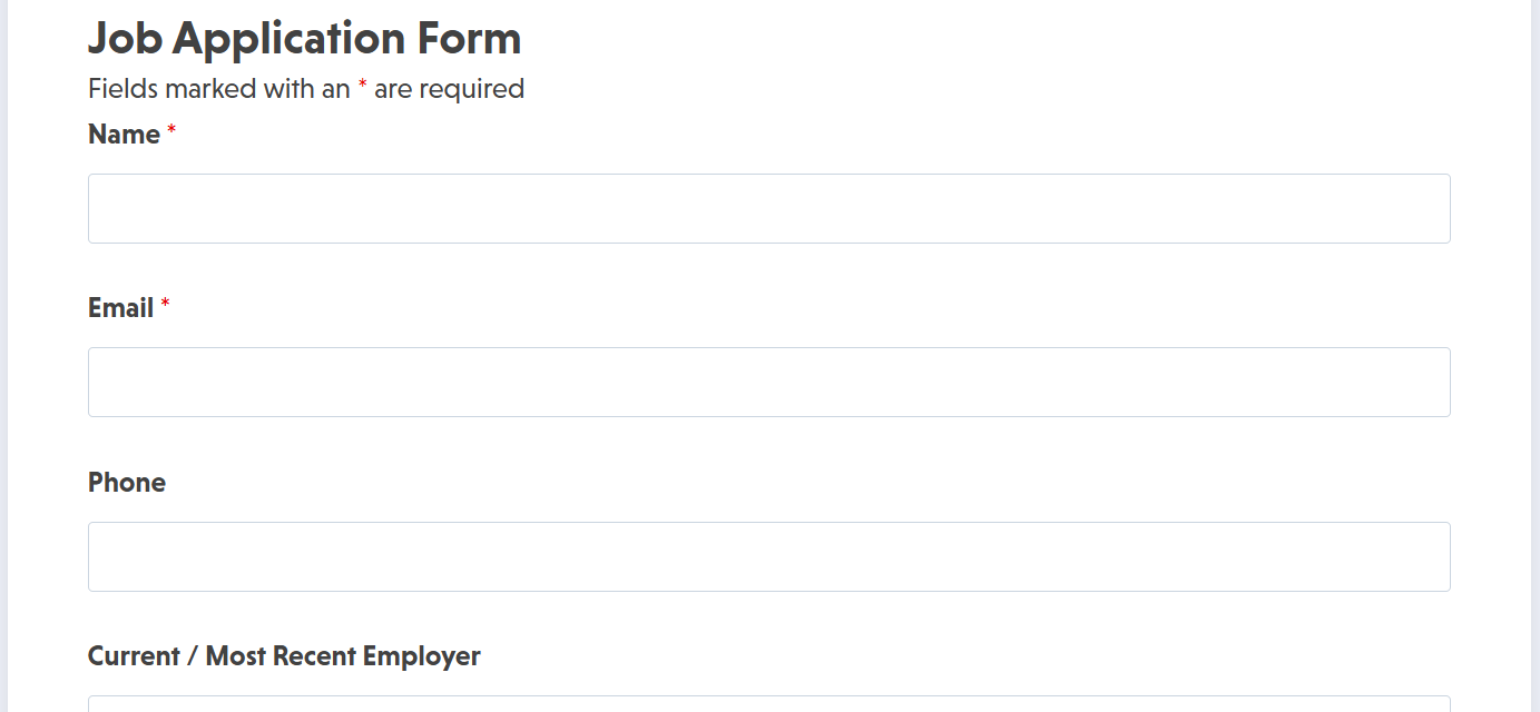 Job application form template with work history fields and resume upload section