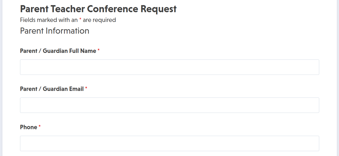 Parent teacher conference request form template showing available time slots and contact fields