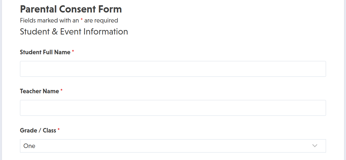 Parental consent form template displaying student information and guardian signature fields