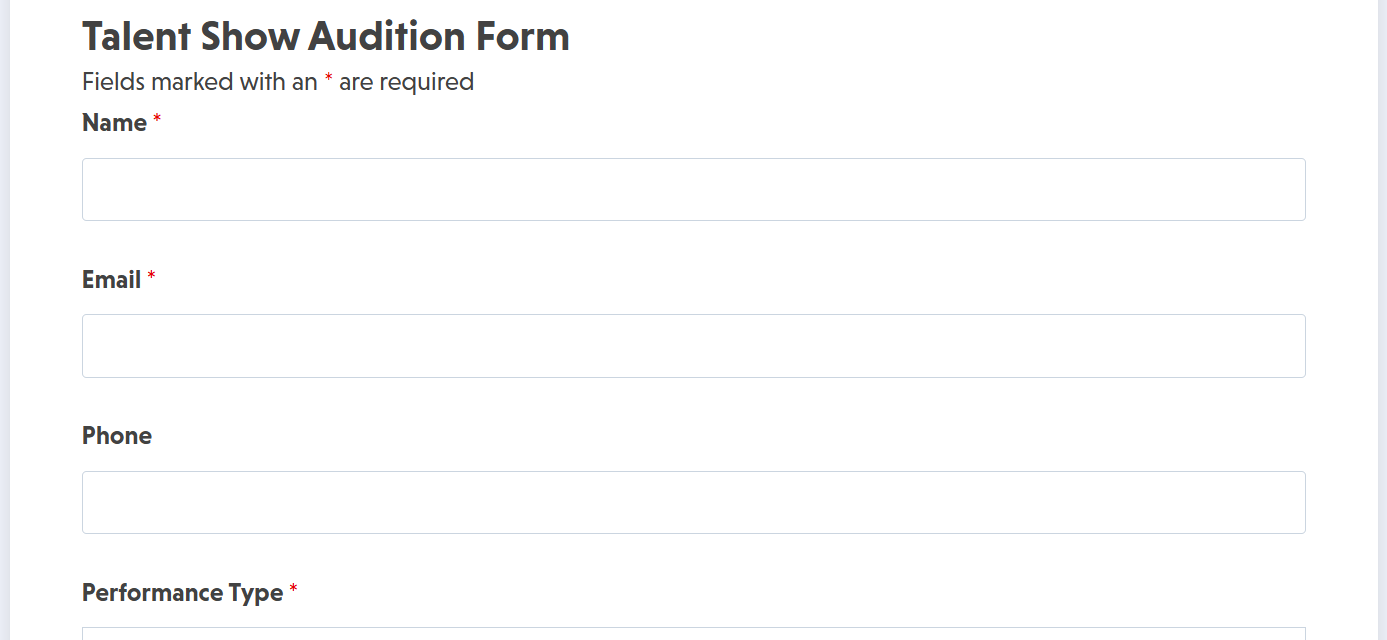 Talent show audition form template with performer information and act description fields