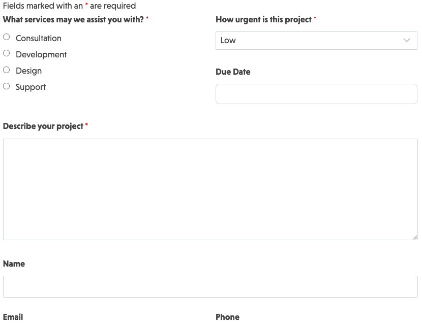 Quote request form template displaying service selection and project details fields