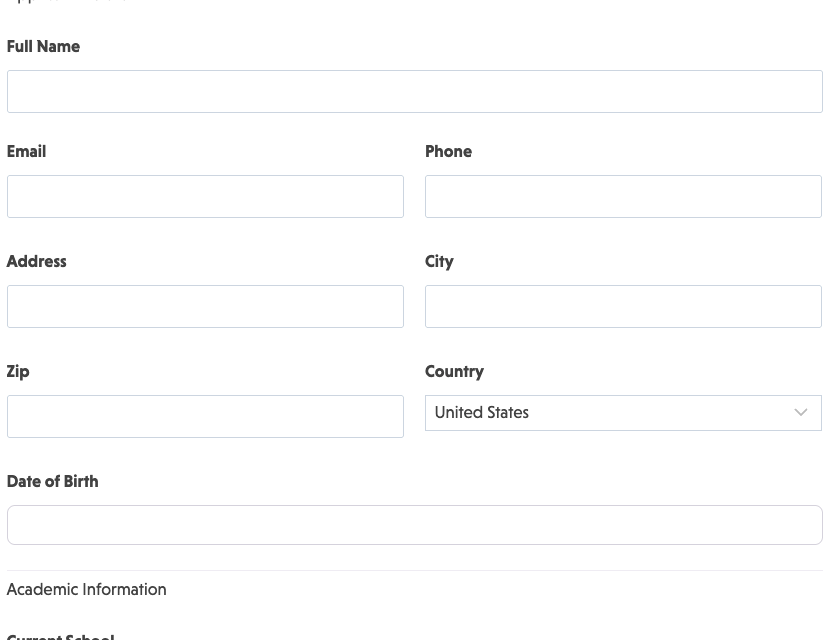 Scholarship application form template with academic history fields and essay upload section