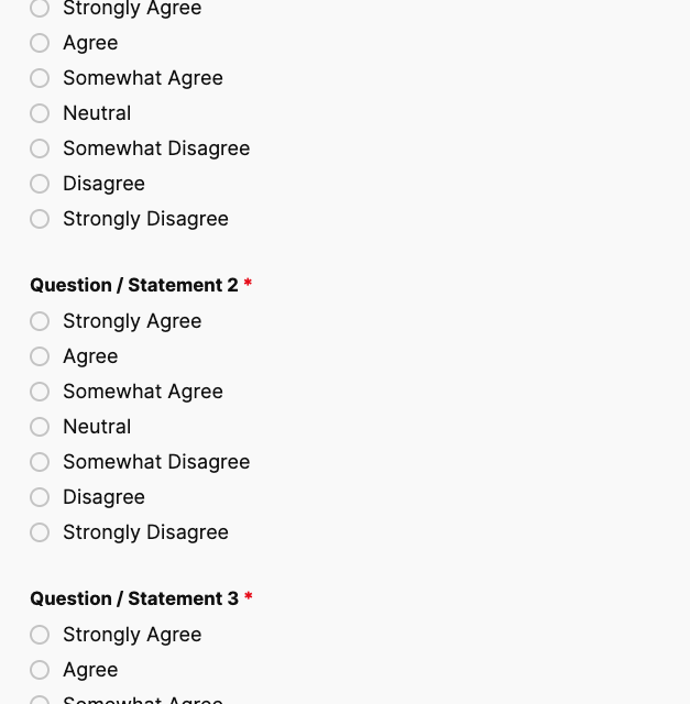 Likert scale survey template showing rating questions with strongly agree to disagree options