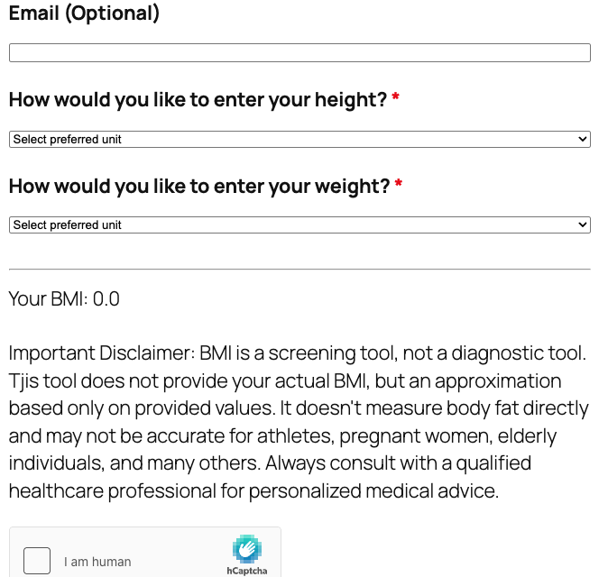 BMI calculator template displaying height and weight input fields with body mass index results