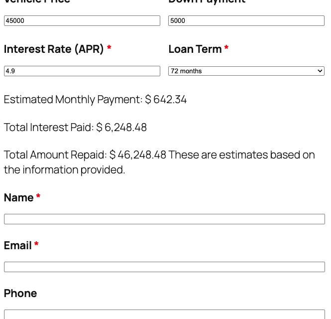 Car loan calculator template showing vehicle price and loan term fields with payment results