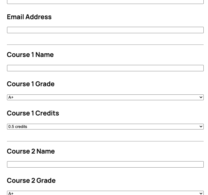 GPA calculator template showing course grade inputs with cumulative grade point average results