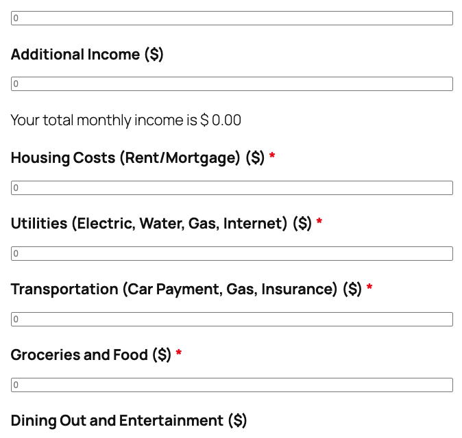 Budget planning calculator template showing income and expense fields with savings breakdown