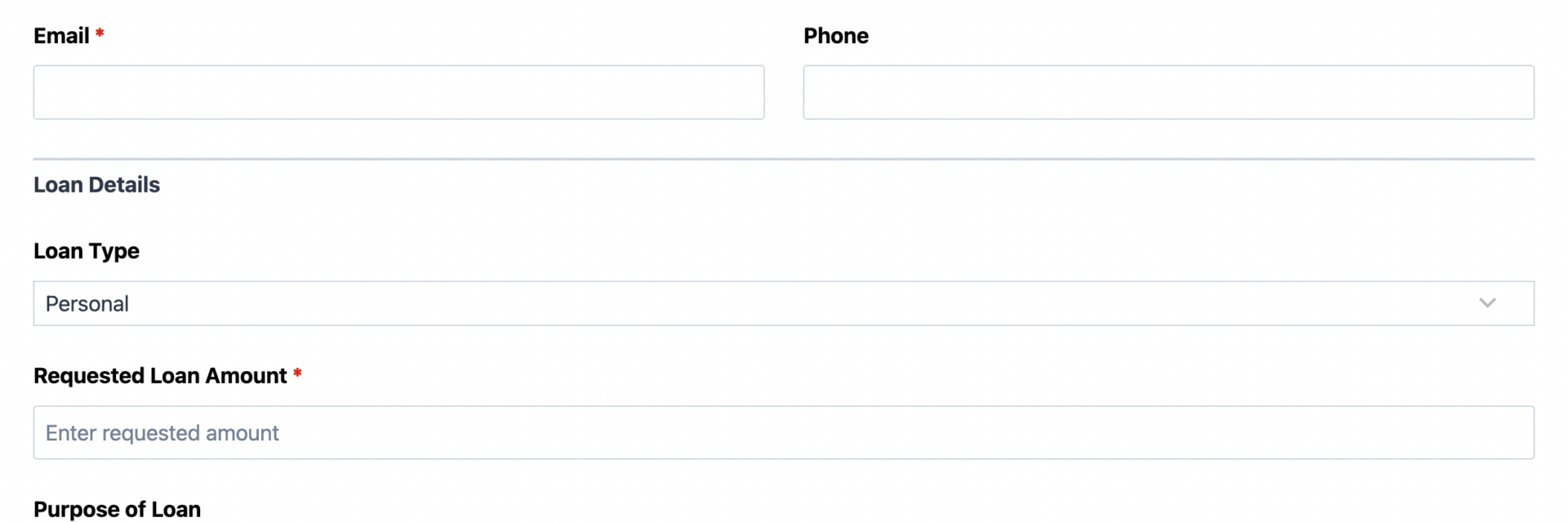 Loan application form template showing applicant details, loan information, and document upload fields