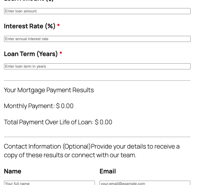 Mortgage payment calculator template showing loan amount fields and monthly payment results
