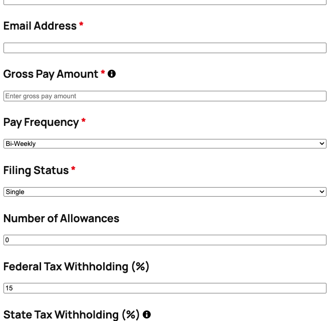 Paycheck calculator template displaying salary and tax withholding inputs with take-home pay results