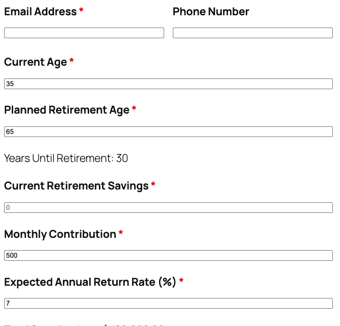 Retirement calculator template showing current savings and monthly contribution fields with projected retirement savings results