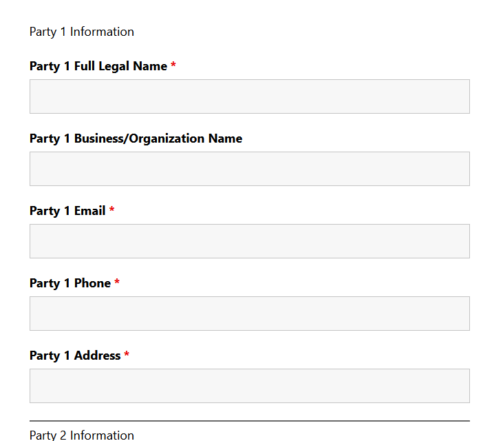 Contract form template showing party information fields, contract details, payment terms, and legal agreement sections