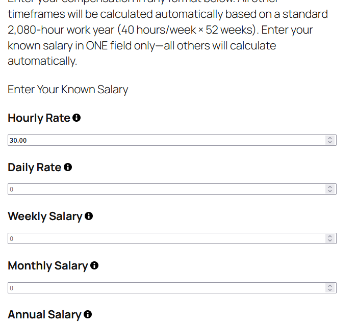 Salary calculator template showing hourly, weekly, monthly, and annual salary conversion fields with instant results