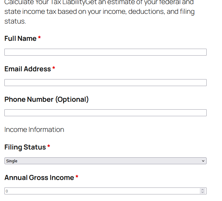 Tax calculator template showing income fields, filing status options, and tax liability calculation results