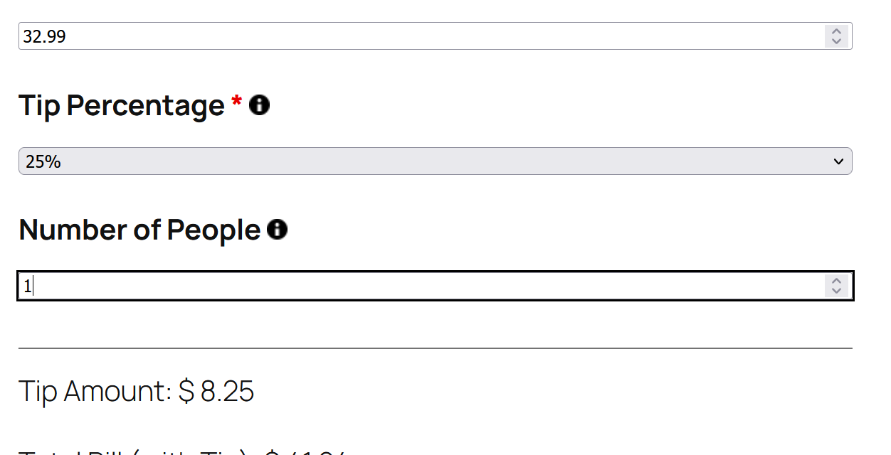 Tip calculator template showing bill amount, tip percentage selection, and calculated total display