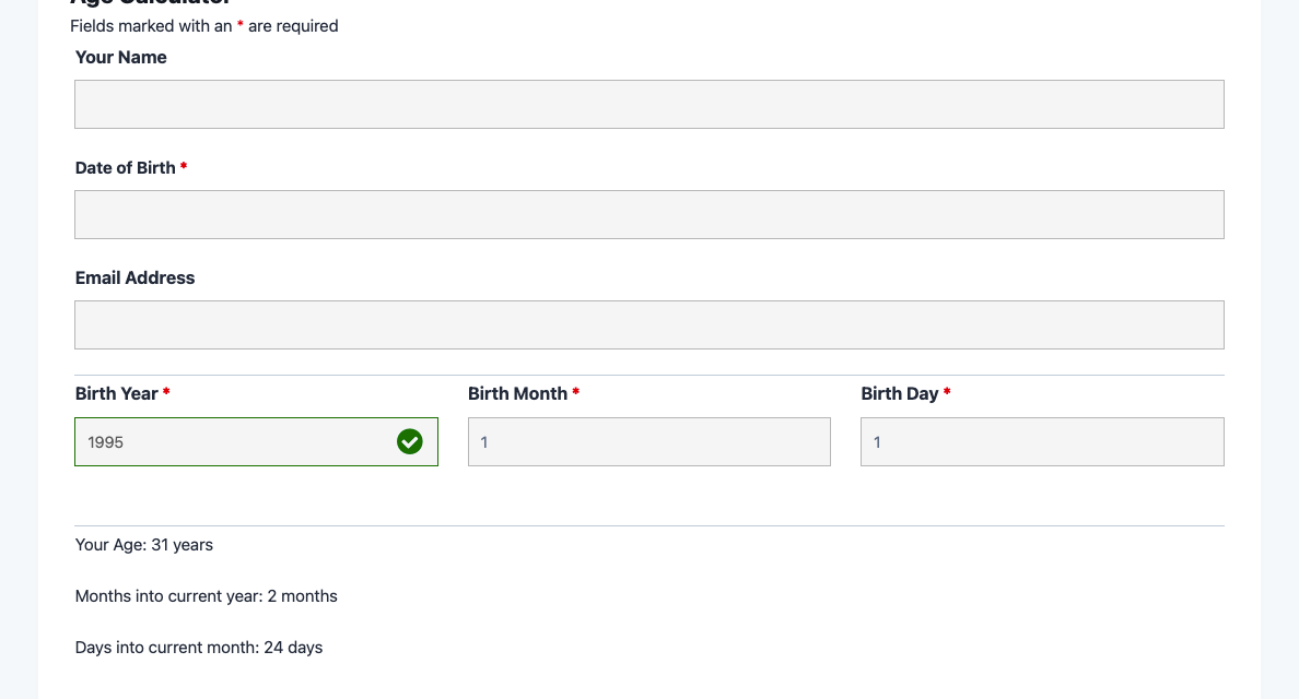 Age calculator template showing date of birth field and calculated age result in years, months, and days