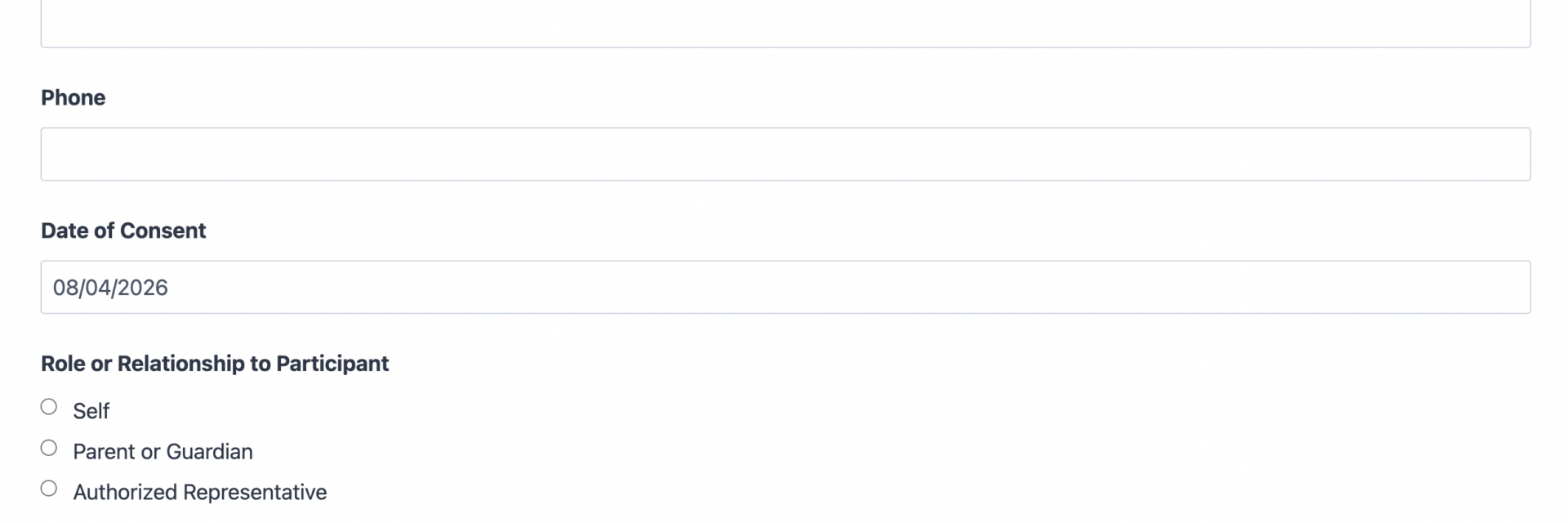 Consent form template showing signer details, agreement checkbox, and PDF-ready consent record