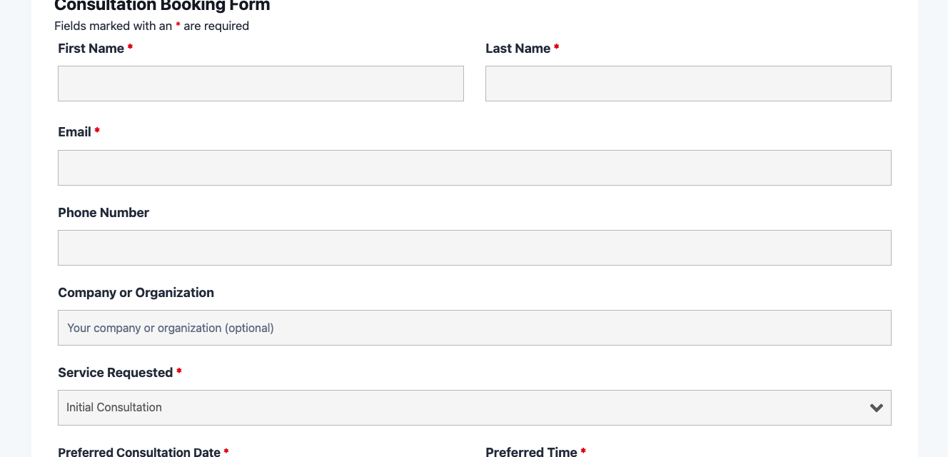 Consultation booking form template showing service selection, preferred date, and contact fields